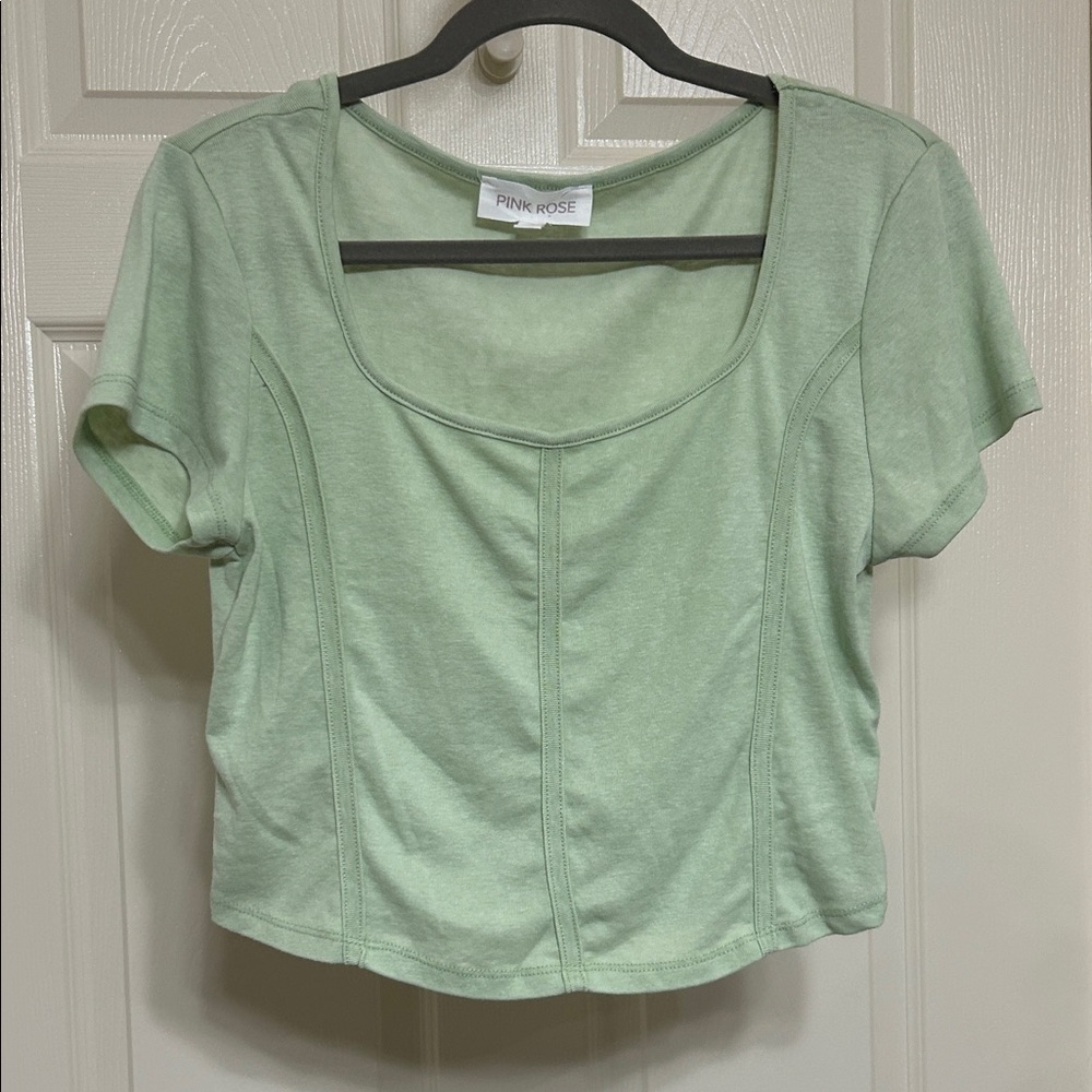Pink Rose Light Green Crop Top Sage Spring Lightweight Short Sleeve Casual L